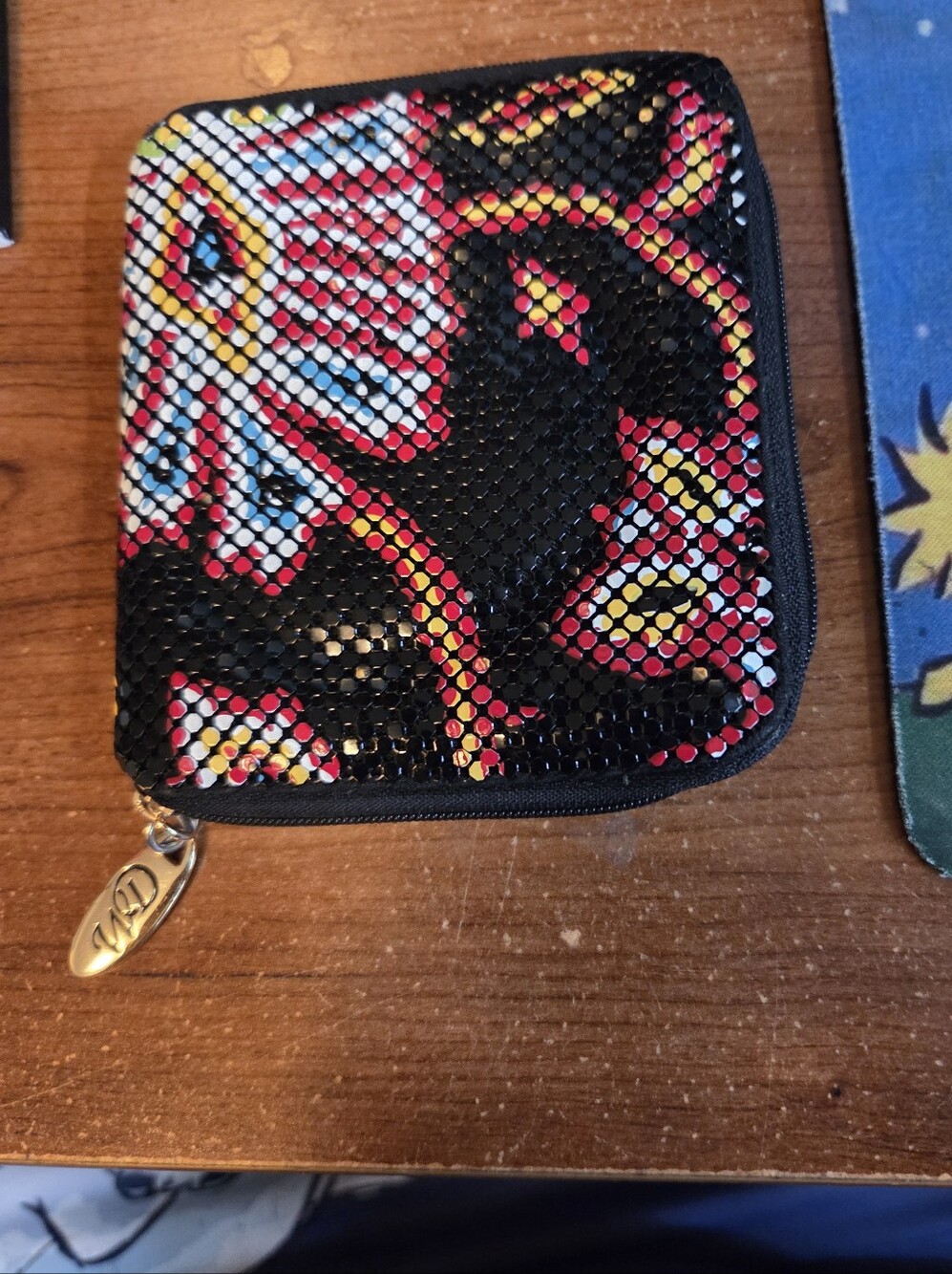 Whiting & Davis Black Floral Mesh Zip Pouch with Red Yellow Blue Accents